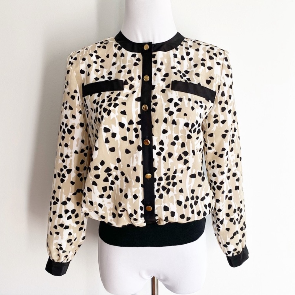 Vintage Andrea Gayle Tan Spotted Prints Button Up Bomber Blouse